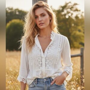 POL White Eyelet Floral Lace Crochet Boho Blouse | Size Medium